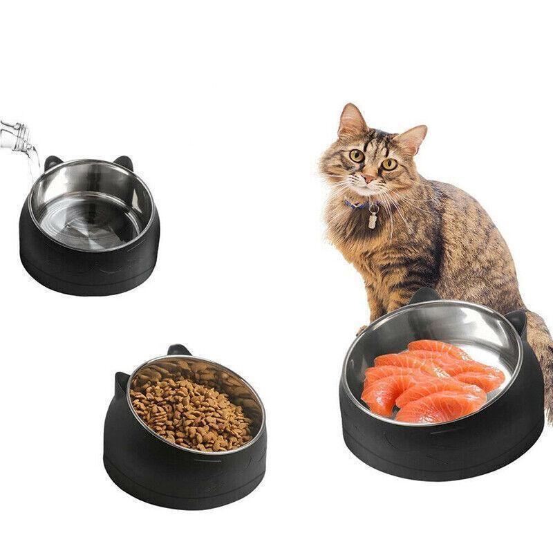 Pet Dog Cat Food Bowl Raised No Slip Stainless Steel Tilted Water Food Feeder - White