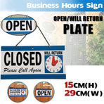 Open Closed Sign with Will Return Clock for Business Shops and Home Use 29x15cm