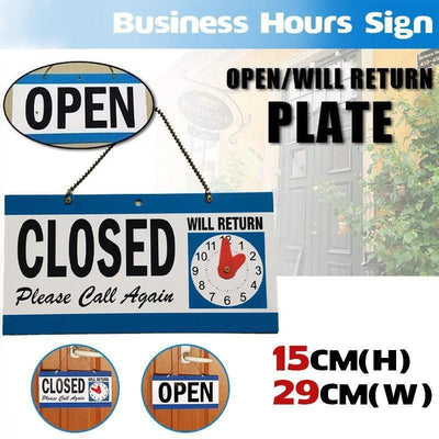 Open Closed Sign with Will Return Clock for Business Shops and Home Use 29x15cm