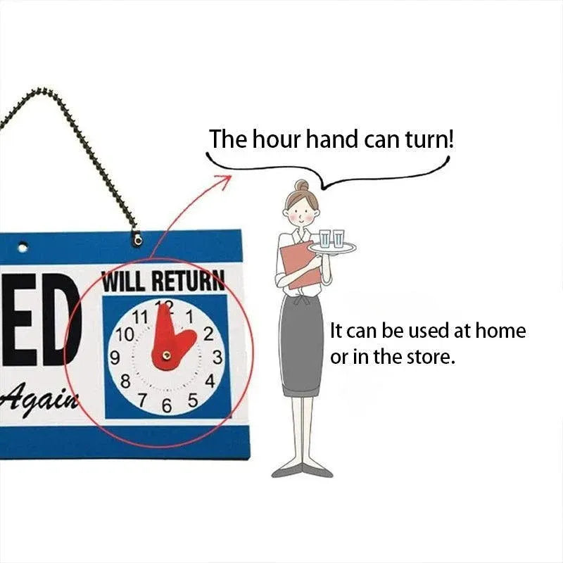 Open Closed Sign with Will Return Clock for Business Shops and Home Use 29x15cm
