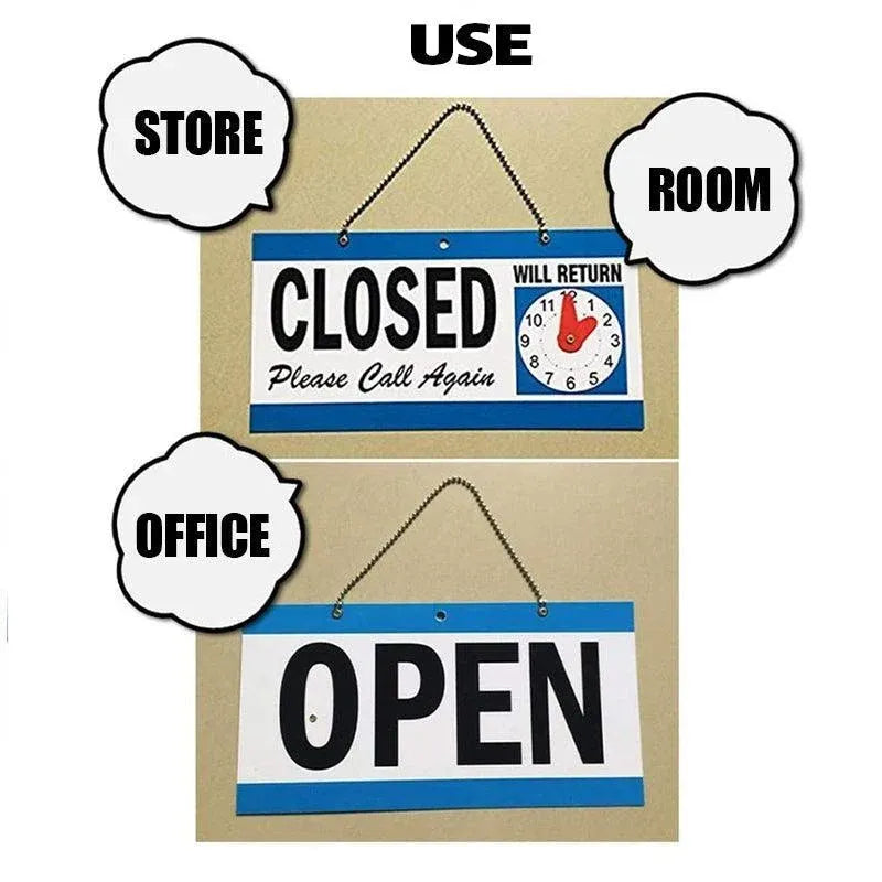 Open Closed Sign with Will Return Clock for Business Shops and Home Use 29x15cm