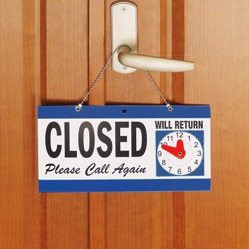 Open Closed Sign with Will Return Clock for Business Shops and Home Use 29x15cm