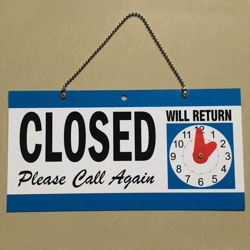 Open Closed Sign with Will Return Clock for Business Shops and Home Use 29x15cm