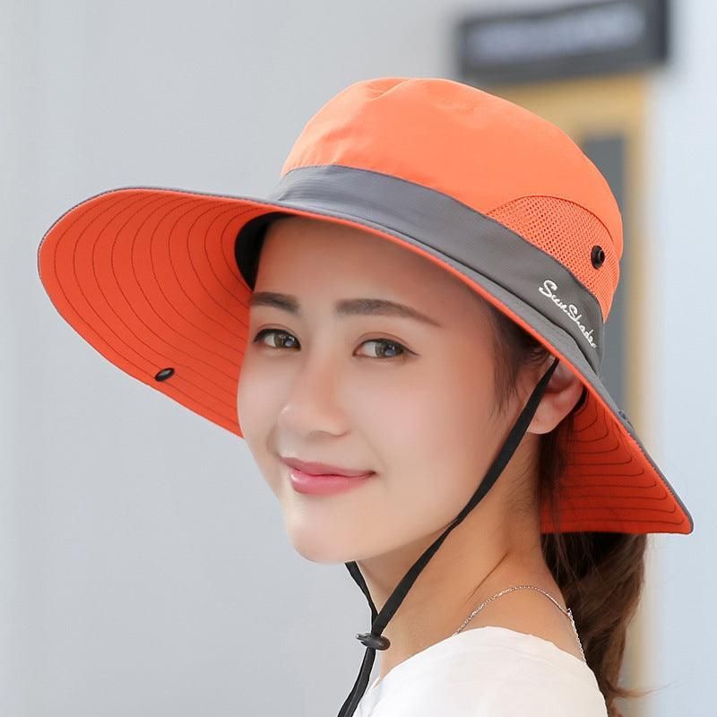 Women Wide Brim Ponytail Hat Sun Protect Visor Summer Beach Cap Anti Uv Floppy - Orange
