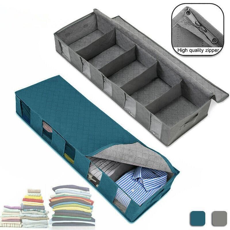 5 Compartments Clothes Shoes Under Bed Storage Organizer Box Bag Large Capacity - Blue