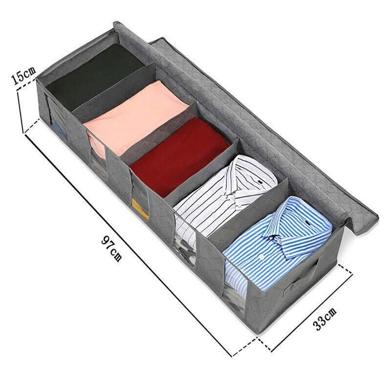 5 Compartments Clothes Shoes Under Bed Storage Organizer Box Bag Large Capacity - Grey
