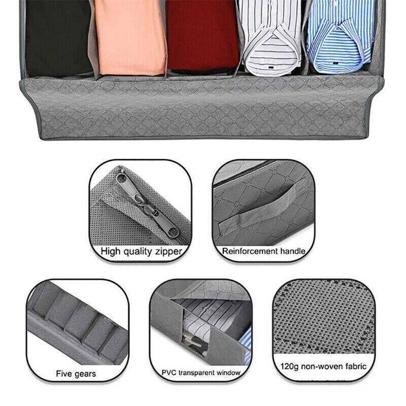5 Compartments Clothes Shoes Under Bed Storage Organizer Box Bag Large Capacity - Grey