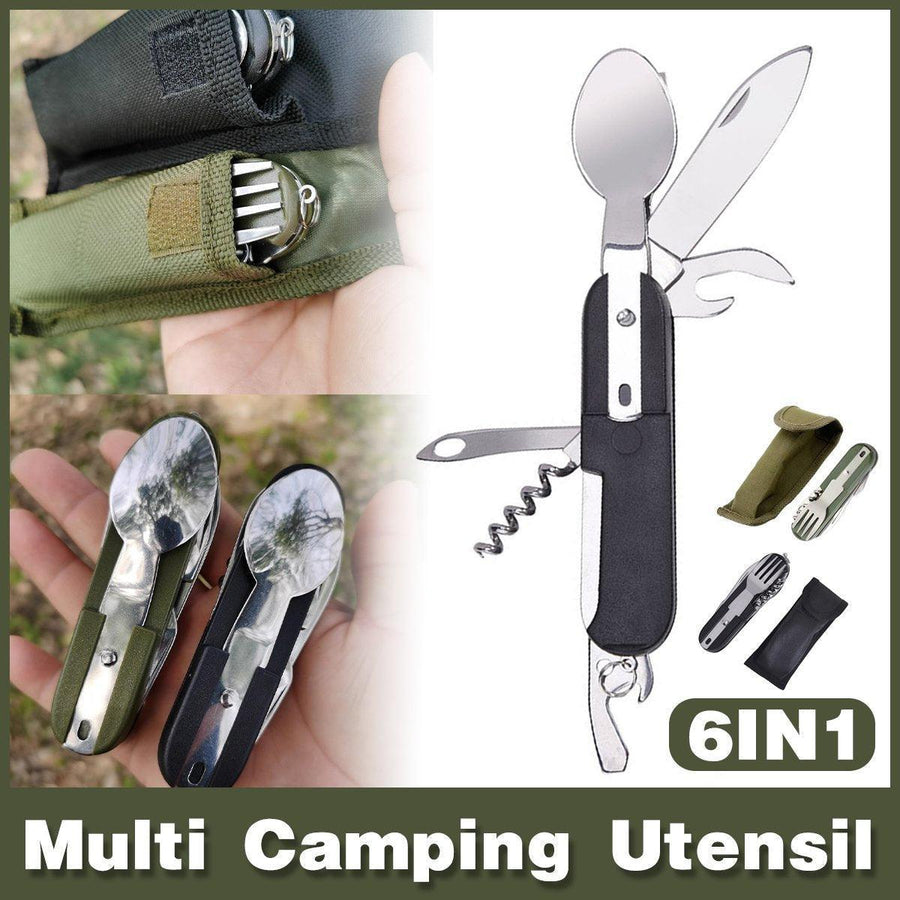 6in1 Portable Folding Knife Fork Spoon Set Outdoor Multi Functional Tableware - Green