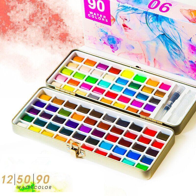12-90 Watercolour Paint Set With Brush Painting Water Colour Kits - 90 Colours