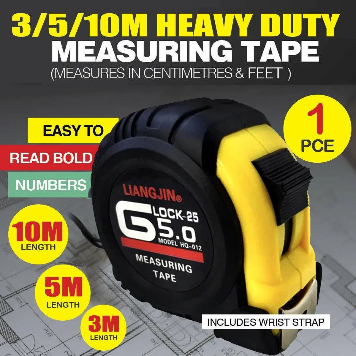 Steel Measuring Tape with Lock Rubber Grip Metric and Inch Ruler 3M 5M 10M - 5M