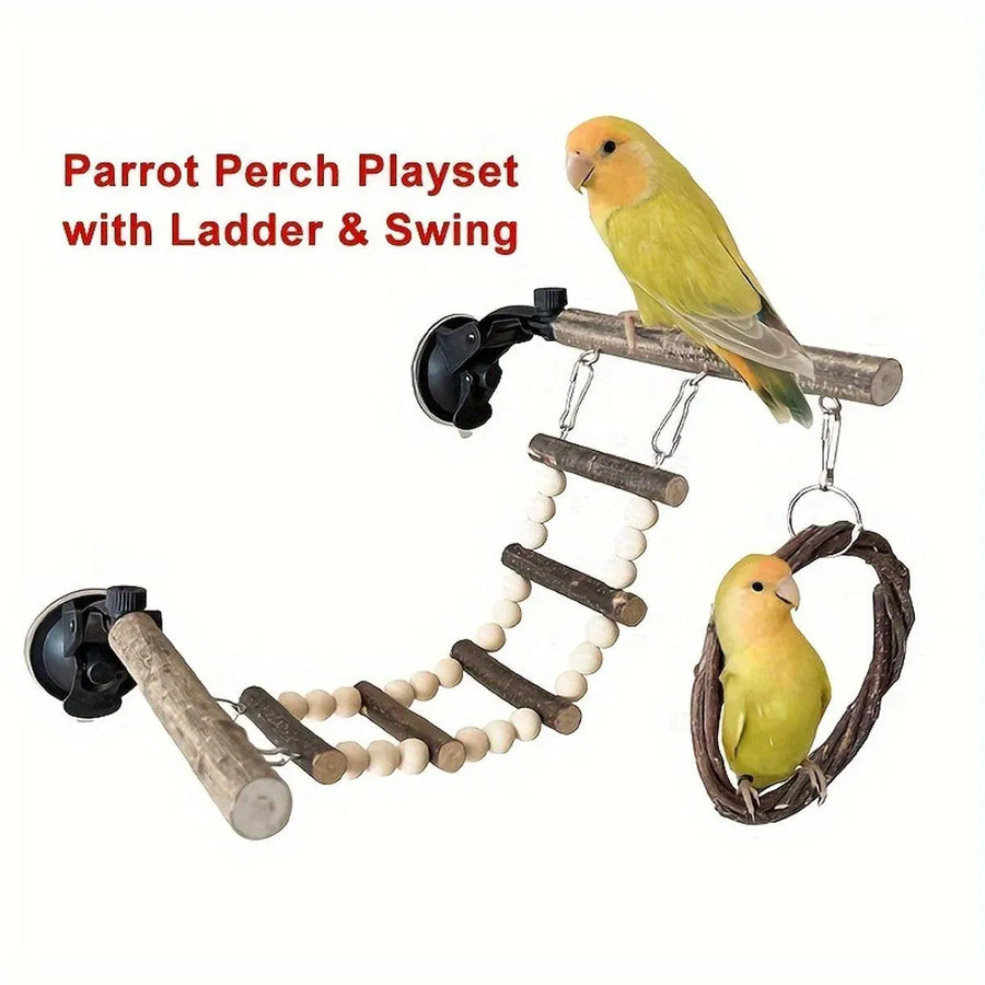 Wooden Parrot Stand Climbing Ladder Swing Toy for Birds Cage Play Accessories - Nut Washer Fixed Type