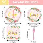 96-Piece First Birthday Floral Tableware Pack for 24 Place Settings