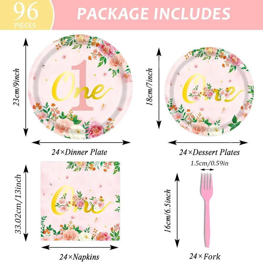 96-Piece First Birthday Floral Tableware Pack for 24 Place Settings