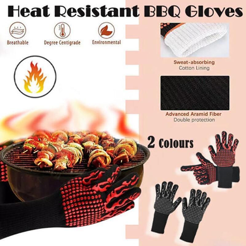2X Heat Proof Resistant Oven Bbq Gloves 35Cm Kitchen Cooking Silicone Mitt New - Black