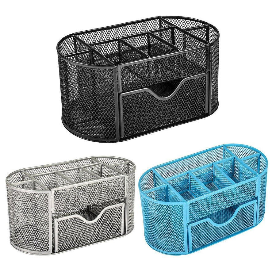 Creative Metal Desktop Pen Holder Multi-function Storage Box Organizer Rack - Blue