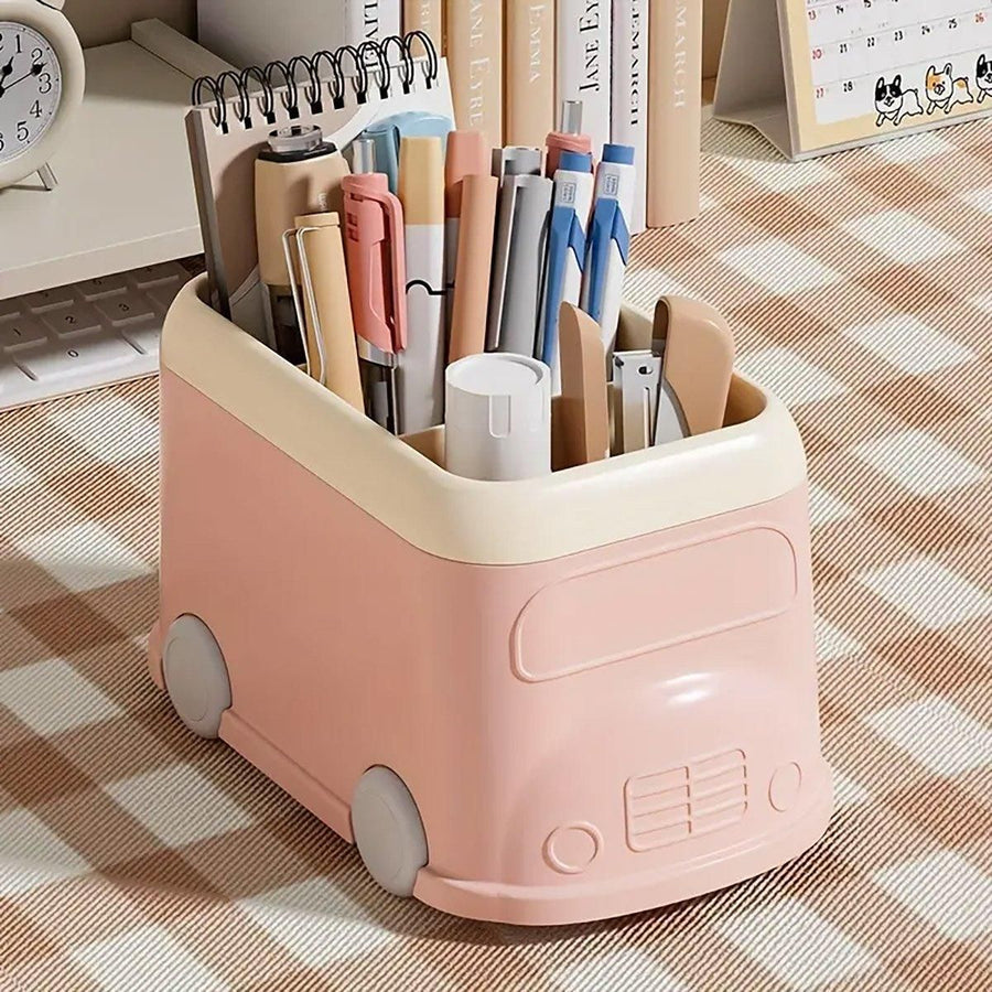 Cartoon Desktop Pen Holder Multi-Compartment Stationery Organizer Storage Box - Pink