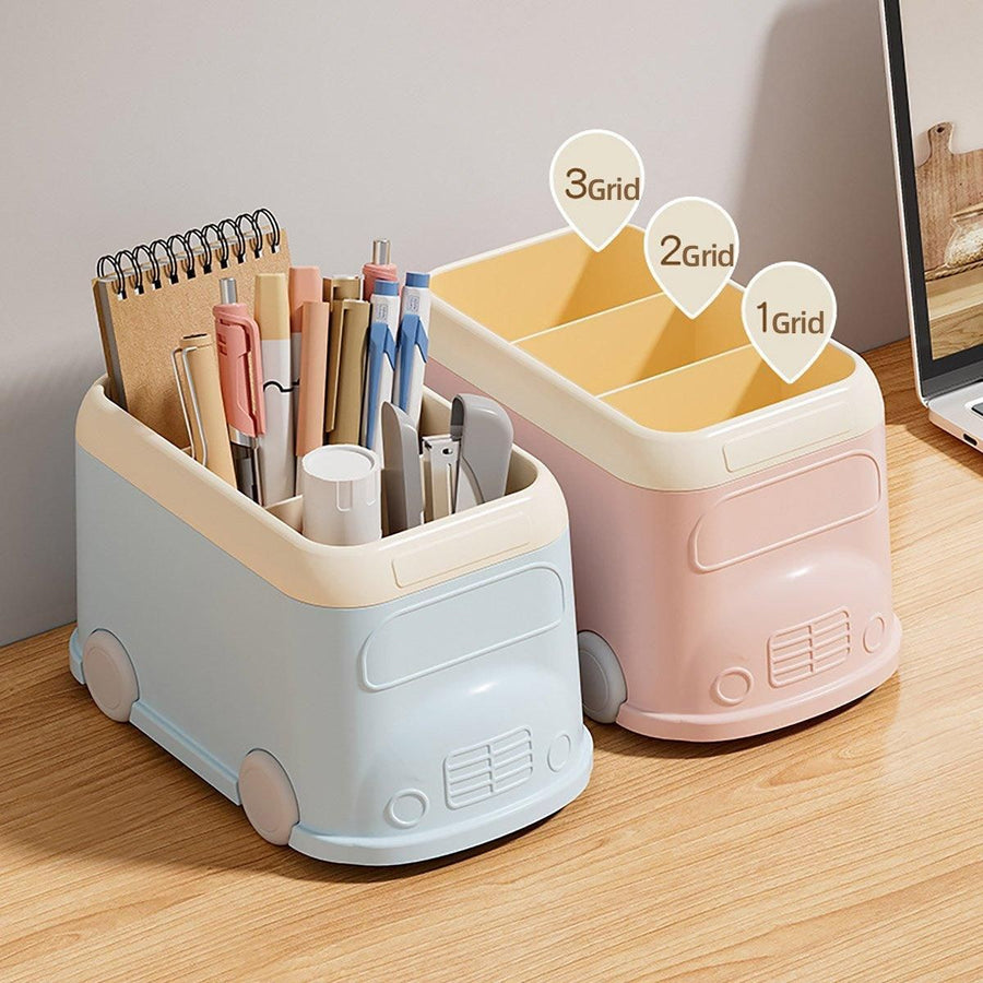 Cartoon Desktop Pen Holder Multi-Compartment Stationery Organizer Storage Box - Pink
