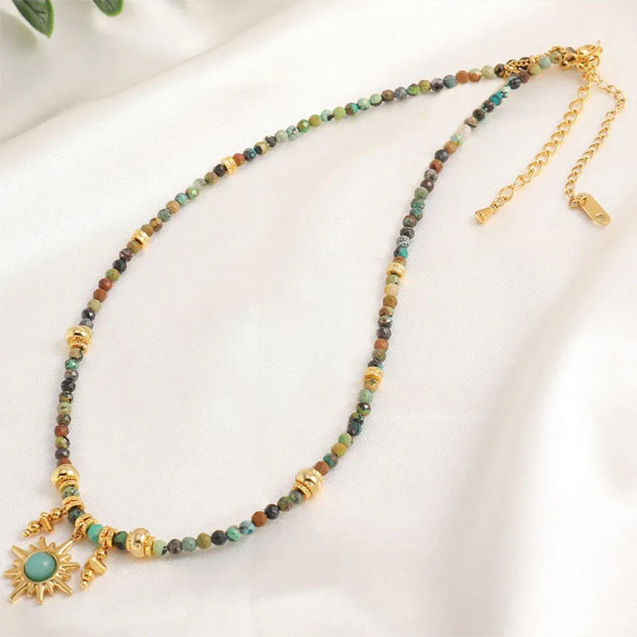 Vintage Colourful Beaded Necklace for Women with Turquoise Sun Pendant Fashion