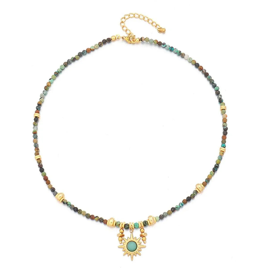 Vintage Colourful Beaded Necklace for Women with Turquoise Sun Pendant Fashion