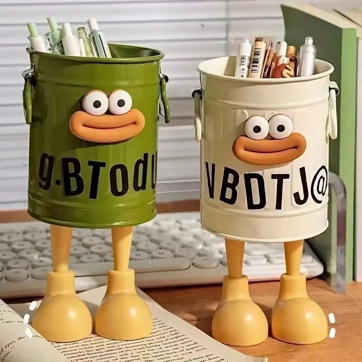 Cartoon Character Pen Holder with Handle for Desk Decor and Storage