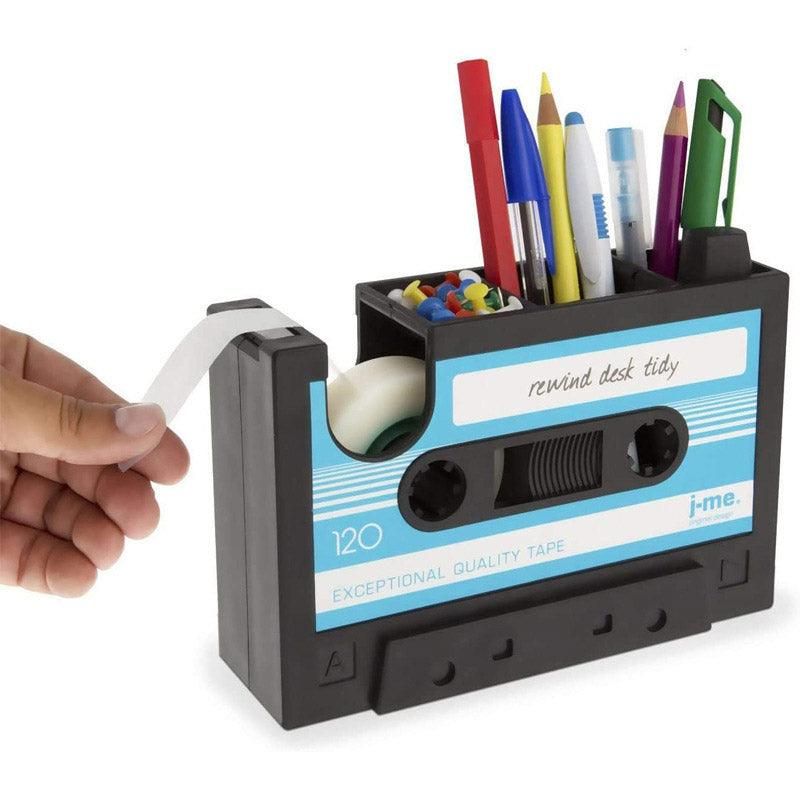 Retro Cassette Tape Style Pen Holder with Tape Dispenser Desktop Organizer - Grey