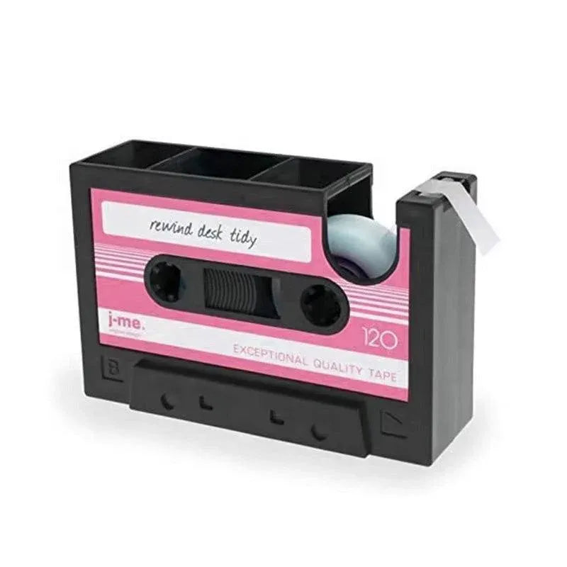 Retro Cassette Tape Style Pen Holder with Tape Dispenser Desktop Organizer - Pink