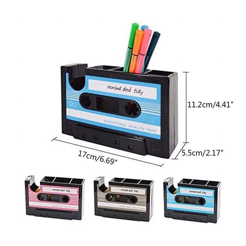 Retro Cassette Tape Style Pen Holder with Tape Dispenser Desktop Organizer - Pink