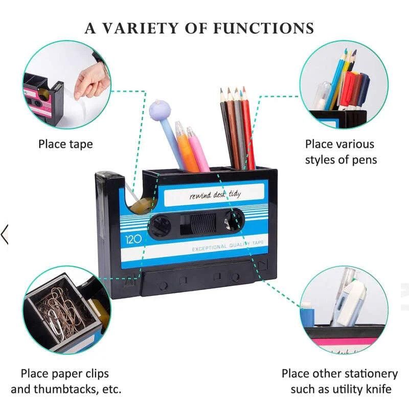 Retro Cassette Tape Style Pen Holder with Tape Dispenser Desktop Organizer - Pink