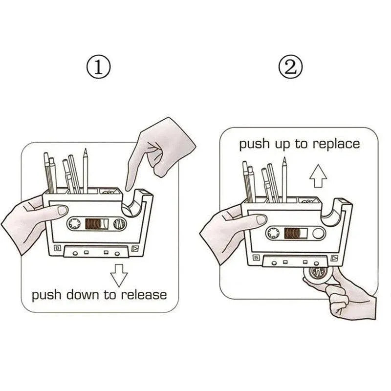Retro Cassette Tape Style Pen Holder with Tape Dispenser Desktop Organizer - Pink