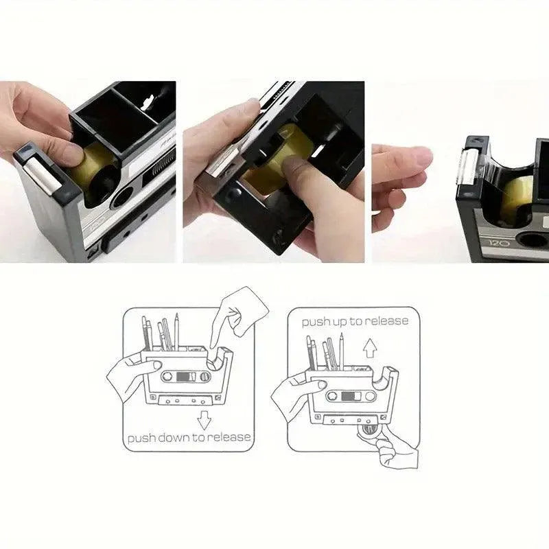 Retro Cassette Tape Style Pen Holder with Tape Dispenser Desktop Organizer - Pink