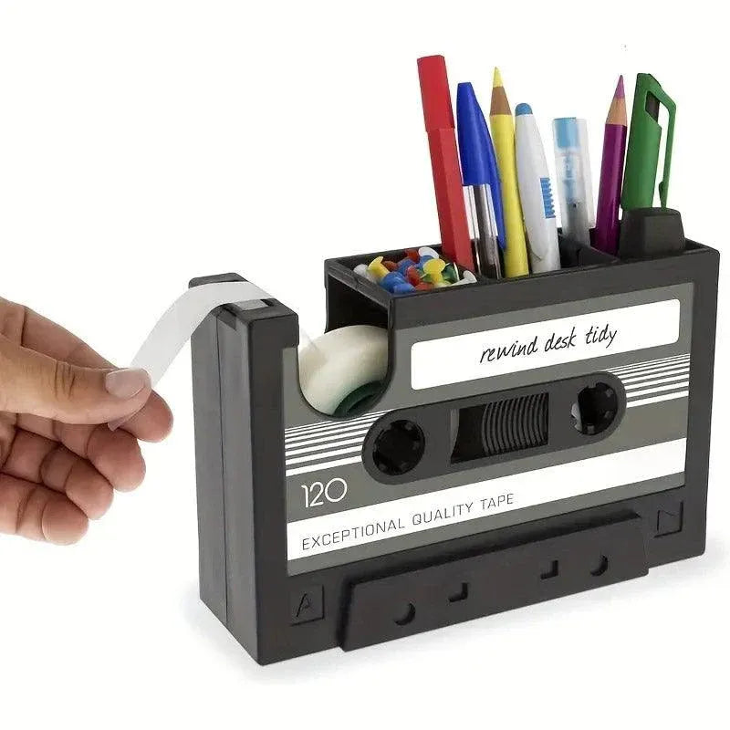 Retro Cassette Tape Style Pen Holder with Tape Dispenser Desktop Organizer - Pink