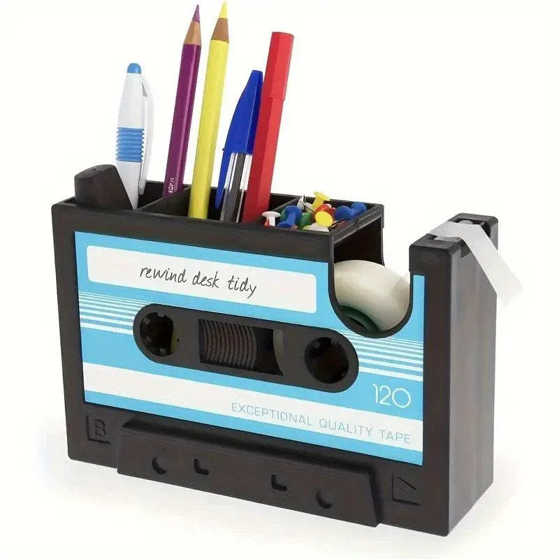 Retro Cassette Tape Style Pen Holder with Tape Dispenser Desktop Organizer - Pink