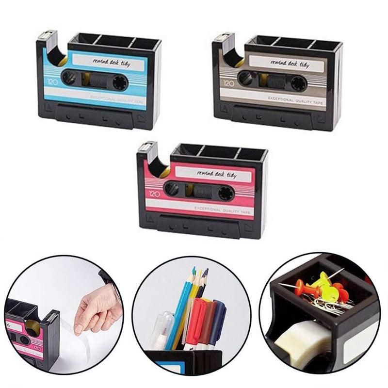 Retro Cassette Tape Style Pen Holder with Tape Dispenser Desktop Organizer - Pink