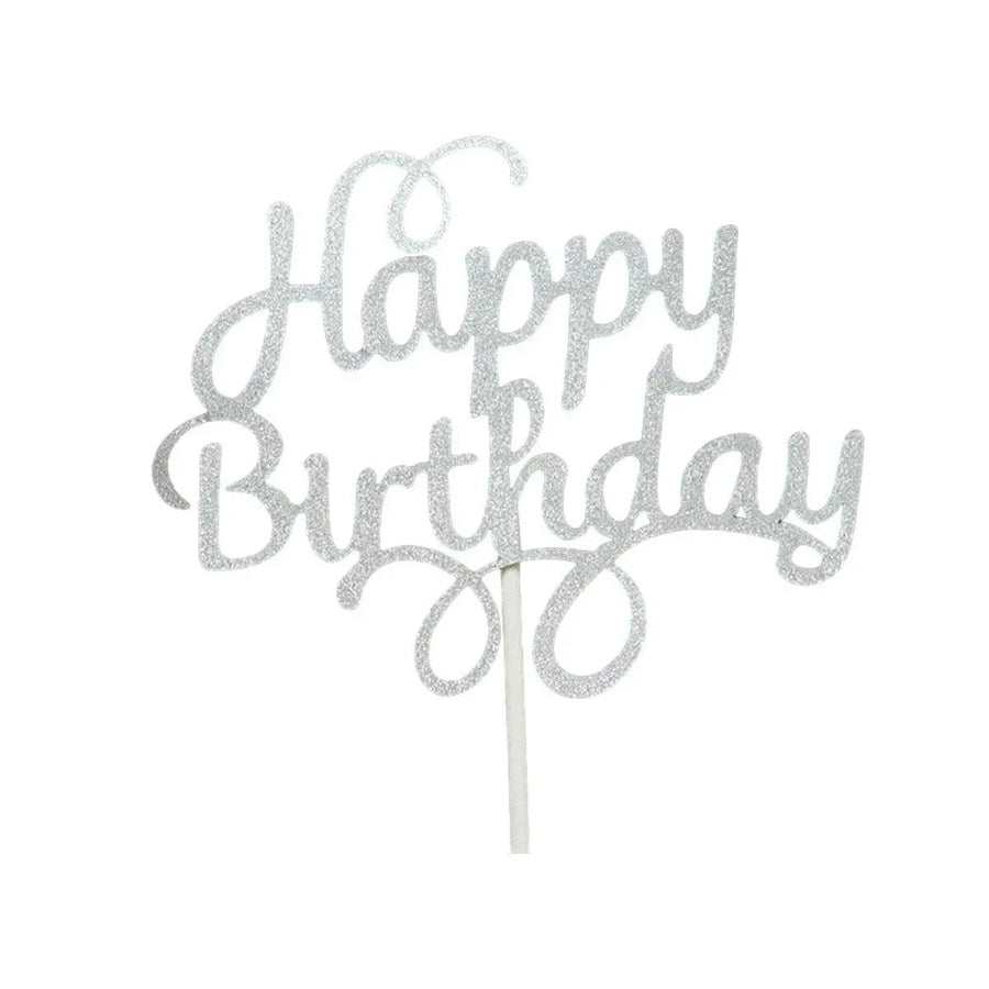 Happy Birthday Cake Topper Colour Printed Acrylic Party Decorations - Silver-Happy Birthday