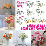5pcs Artificial Peony Silk Flowers Bouquet Decor Faux Floral Arrangements - Champagne - Front View