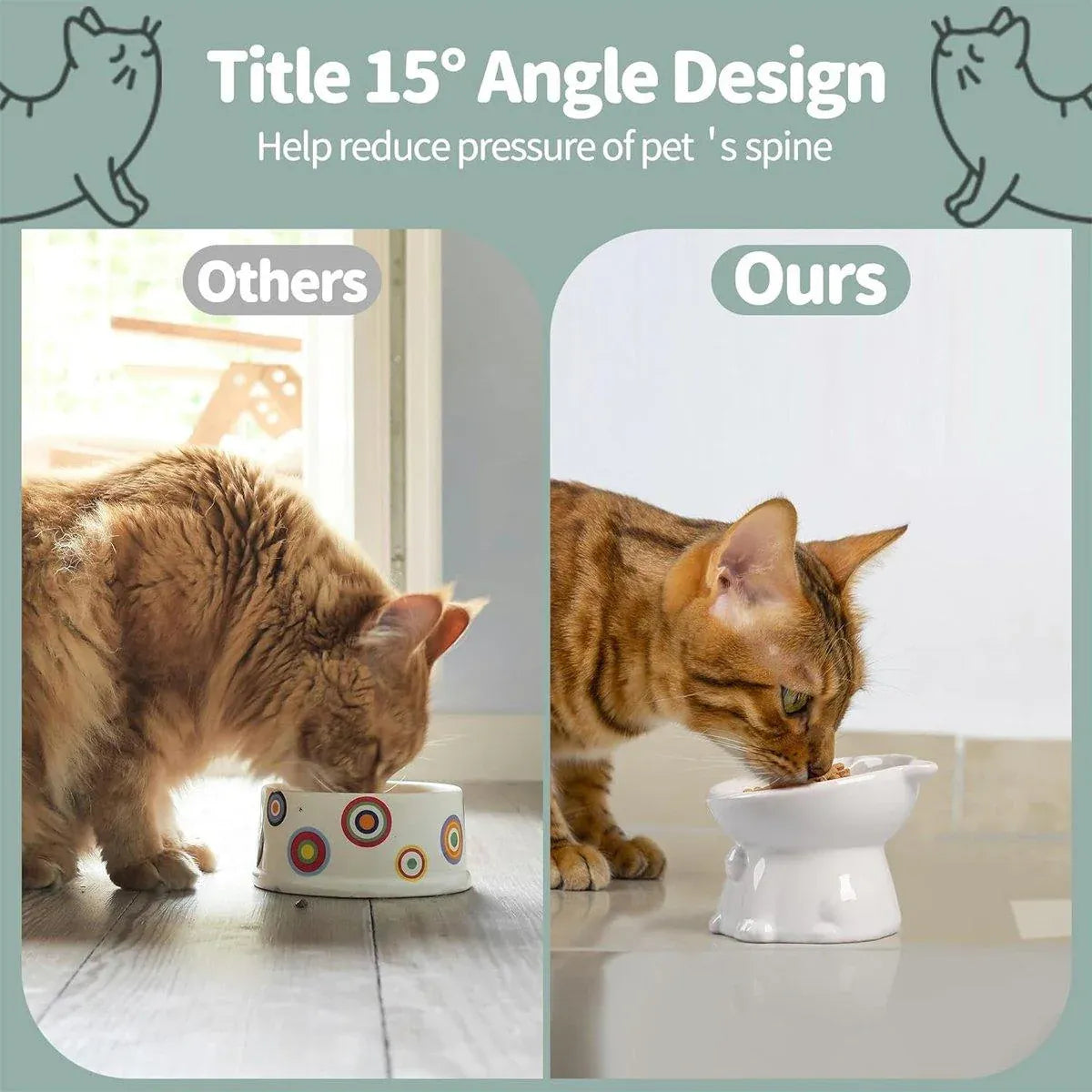 Ceramic Cat Bowl Cute Tall Raised Cat Food Bowl for Pets Eating Comfortably - Pink