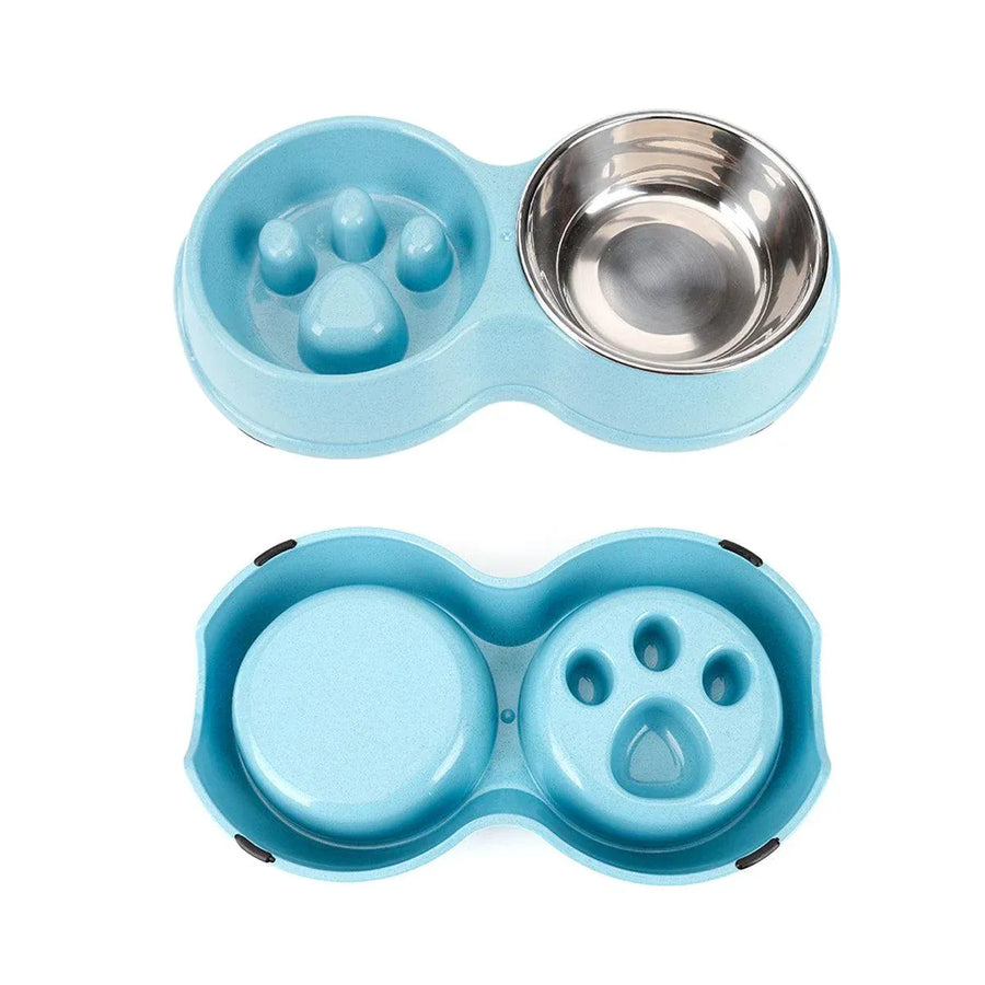 Dog Slow Feeder Double Bowl Pet Food and Water Dish - Blue