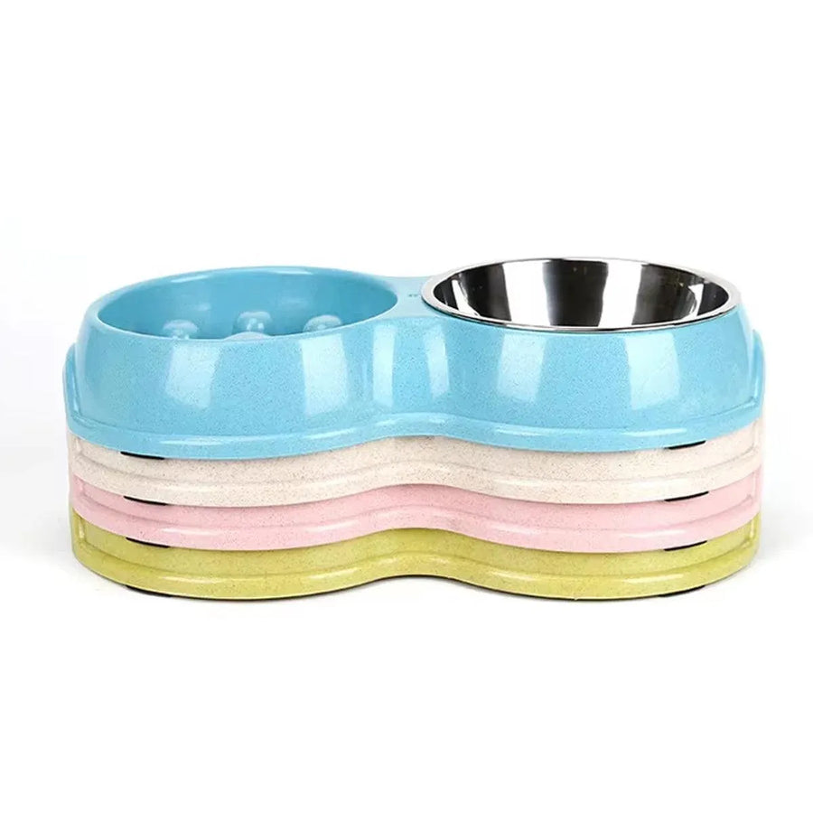 Dog Slow Feeder Double Bowl Pet Food and Water Dish - Blue