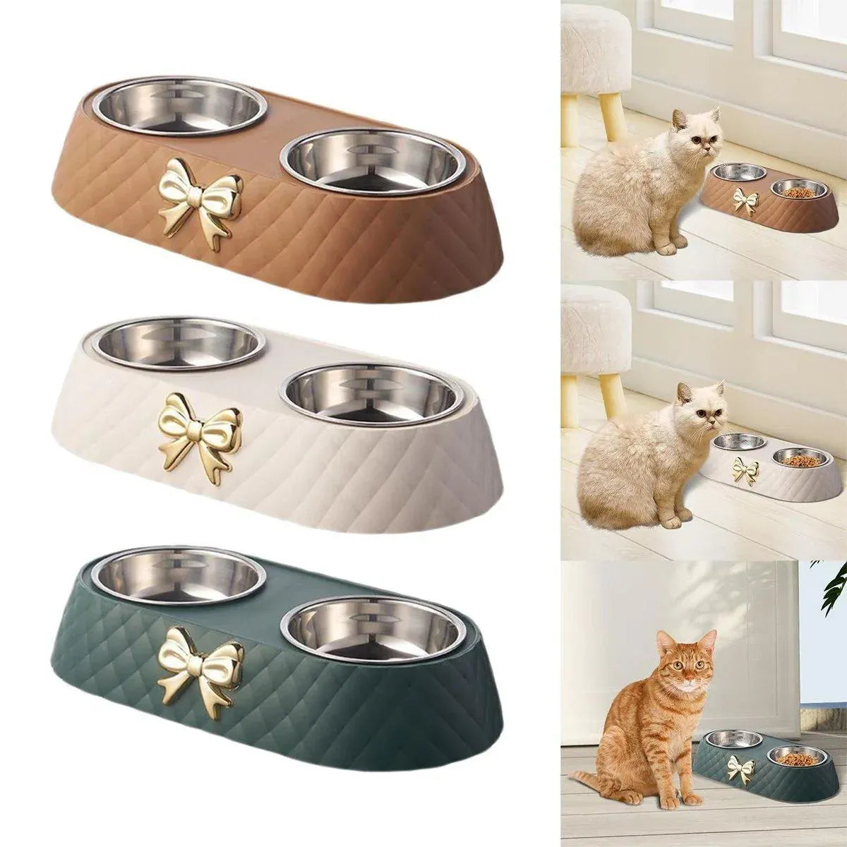 Stainless Steel Double Pet Bowl Non-Slip Anti-Knock Dog Cat Feeder Utensils - Green