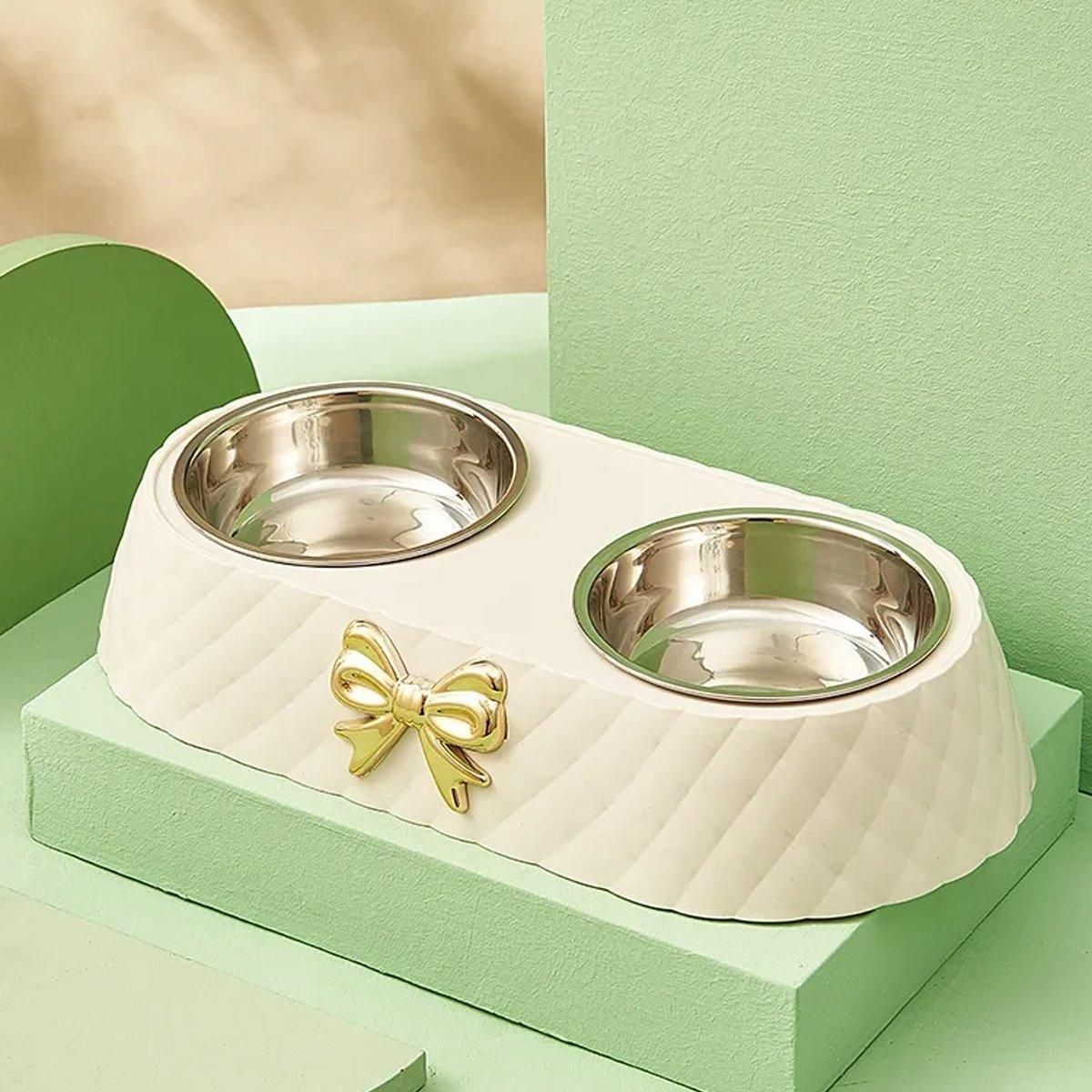 Stainless Steel Double Pet Bowl Non-Slip Anti-Knock Dog Cat Feeder Utensils - Green
