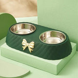 Stainless Steel Double Pet Bowl Non-Slip Anti-Knock Dog Cat Feeder Utensils - Green
