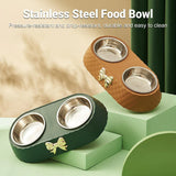 Stainless Steel Double Pet Bowl Non-Slip Anti-Knock Dog Cat Feeder Utensils - White - Rear View