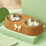 Stainless Steel Double Pet Bowl Non-Slip Anti-Knock Dog Cat Feeder Utensils - White
