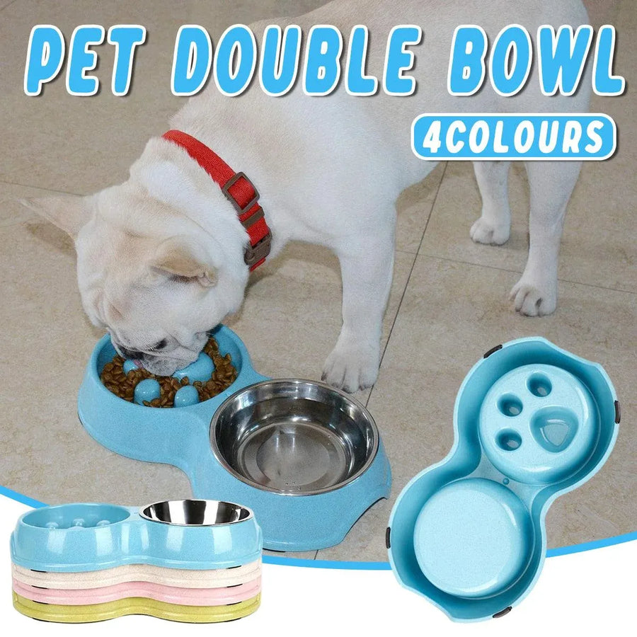 Dog Slow Feeder Double Bowl Pet Food and Water Dish - Green