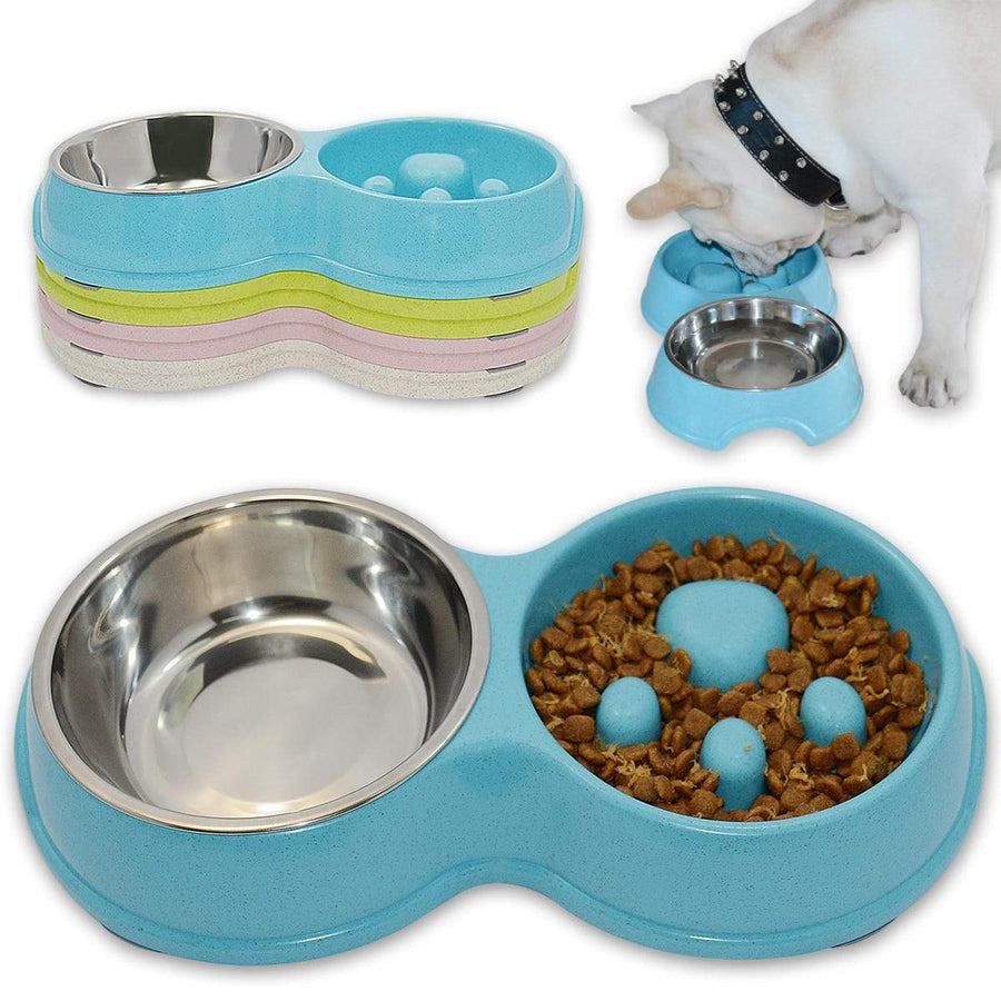 Dog Slow Feeder Double Bowl Pet Food and Water Dish - Pink