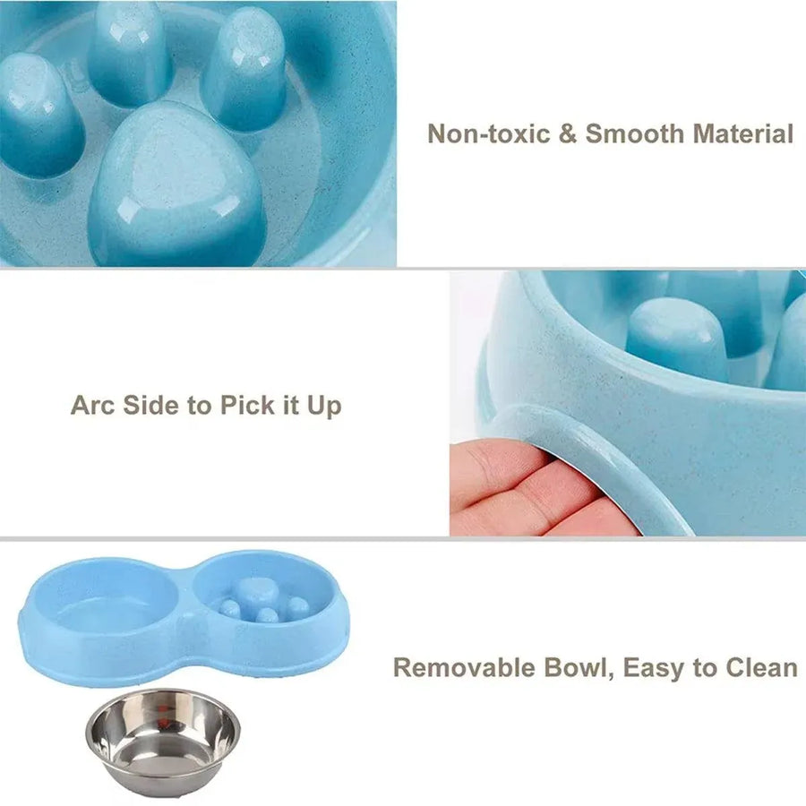 Dog Slow Feeder Double Bowl Pet Food and Water Dish - White