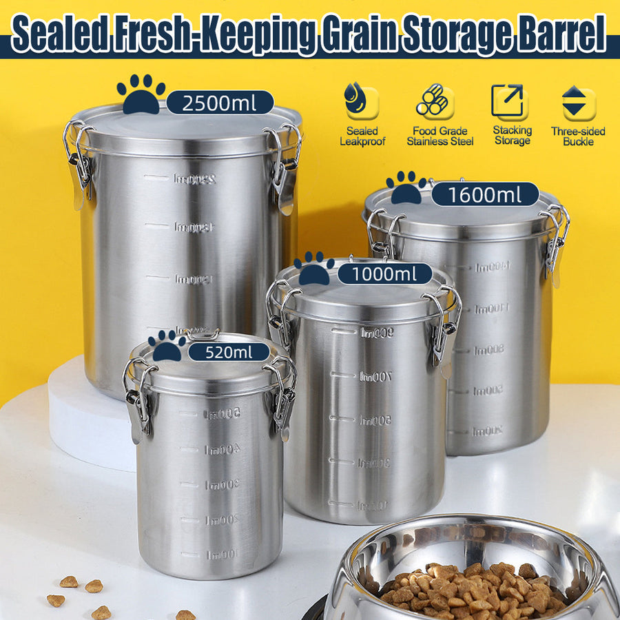 Stainless Steel Pet Food Storage Bucket Dog Cat Grain Container Bin Kitchen - 1000ml