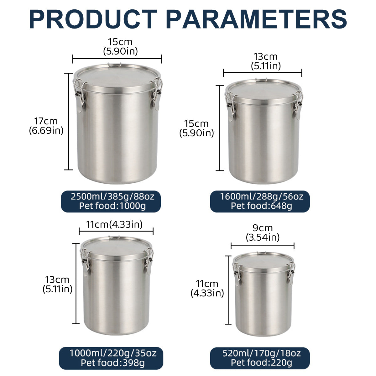 Stainless Steel Pet Food Storage Bucket Dog Cat Grain Container Bin Kitchen - 1000ml