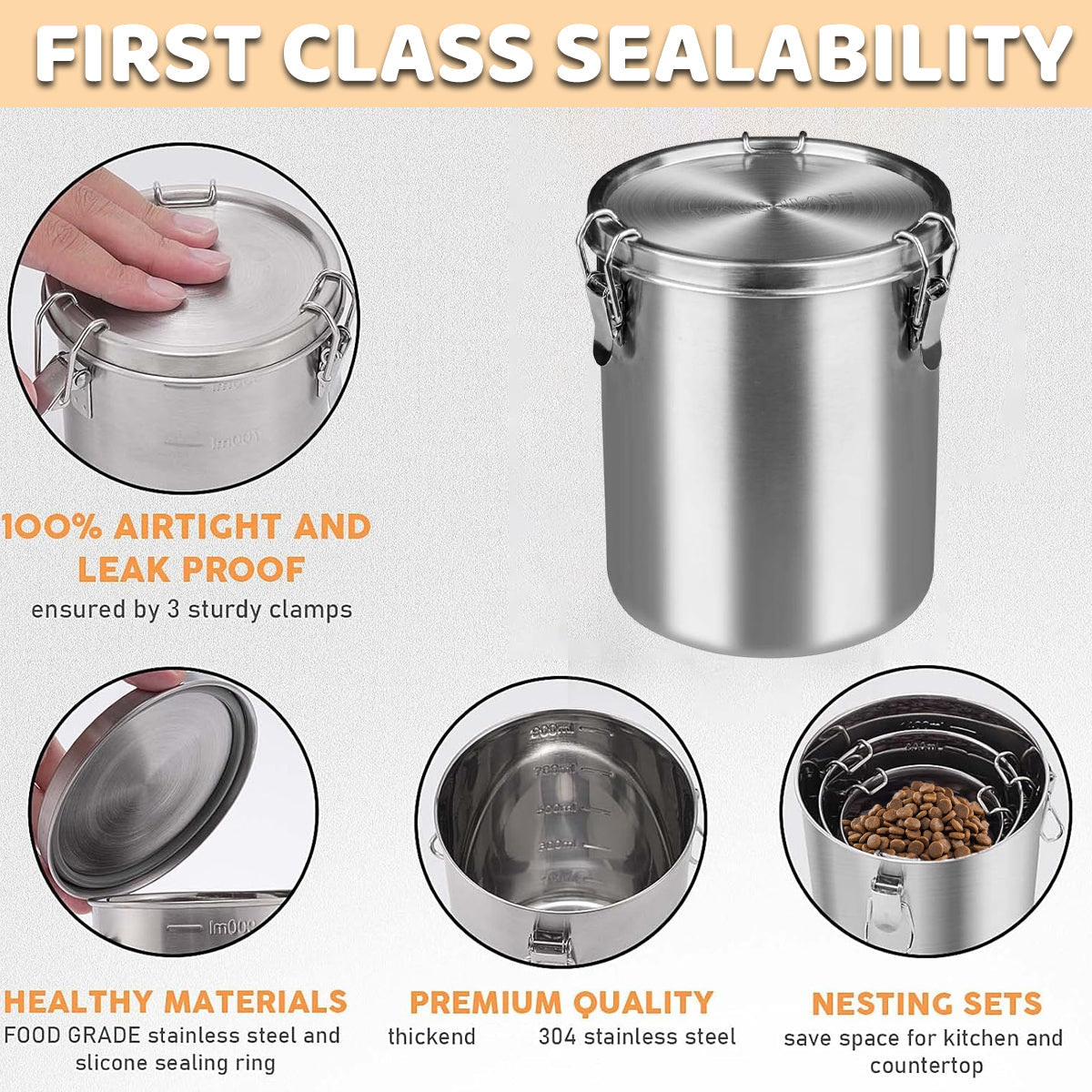 Stainless Steel Pet Food Storage Bucket Dog Cat Grain Container Bin Kitchen - 2500ml