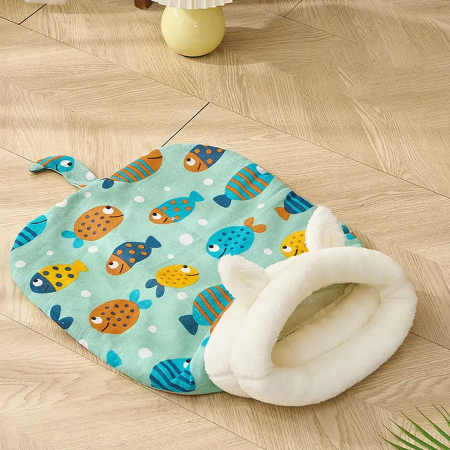 Semi Enclosed Warm Cat Sleeping Bag Comfortable Soft Fleece Pet Bed Easy Clean - Fish